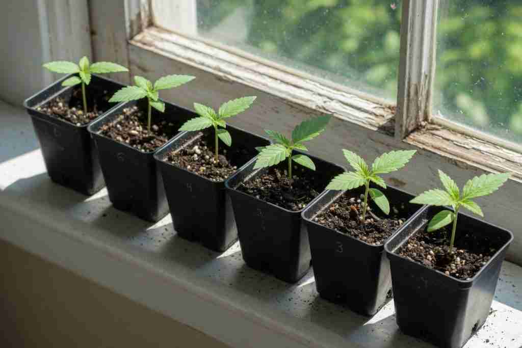 Row of small pots with young cannabis seedlings on a bright windowsill