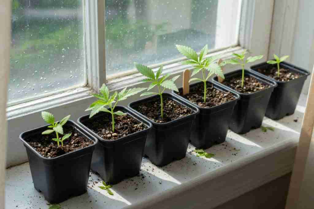 Row of small pots with young cannabis seedlings on a bright windowsill