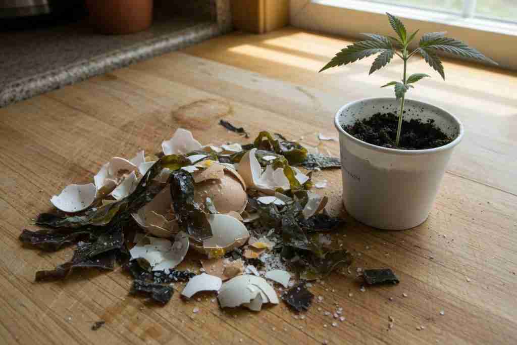Crushed eggshells, kelp, and a cannabis seedling on a kitchen counter