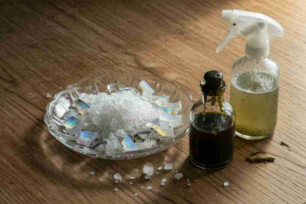 Epsom salt crystals in a dish beside dark kelp liquid and a spray bottle