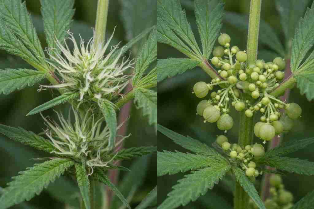 Female cannabis pistils next to male pollen sacs