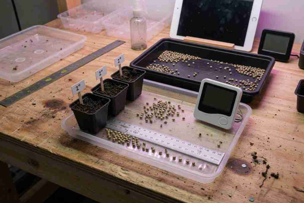Grow bench with pots, a thermometer, a ruler, and cannabis seeds for comparing seed types