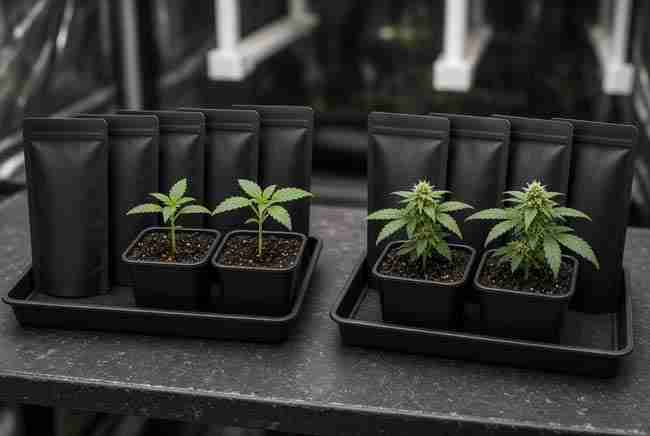 Regular seedlings next to feminized plants in small pots