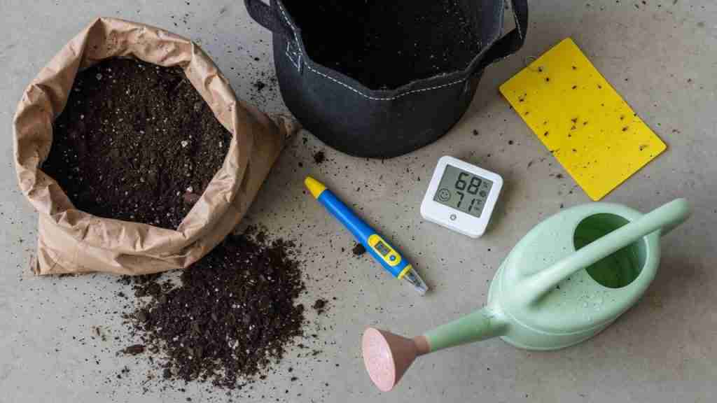 Beginner cannabis grow supplies: soil, fabric pot, pH pen, hygrometer, watering can, sticky trap