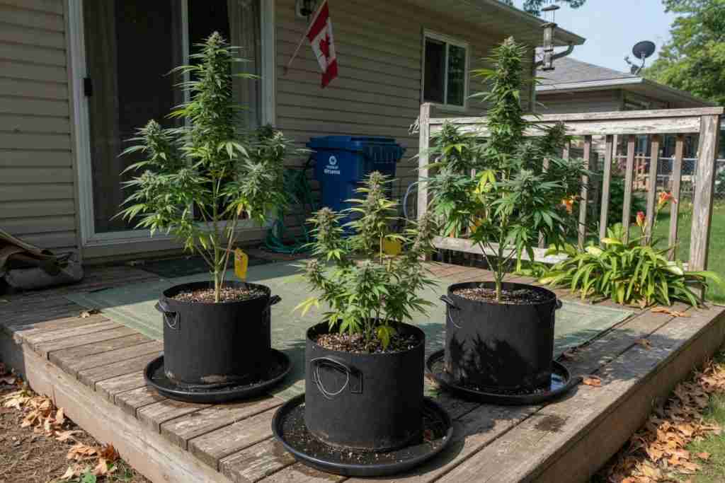 Three cannabis plants in fabric pots flowering on a backyard deck