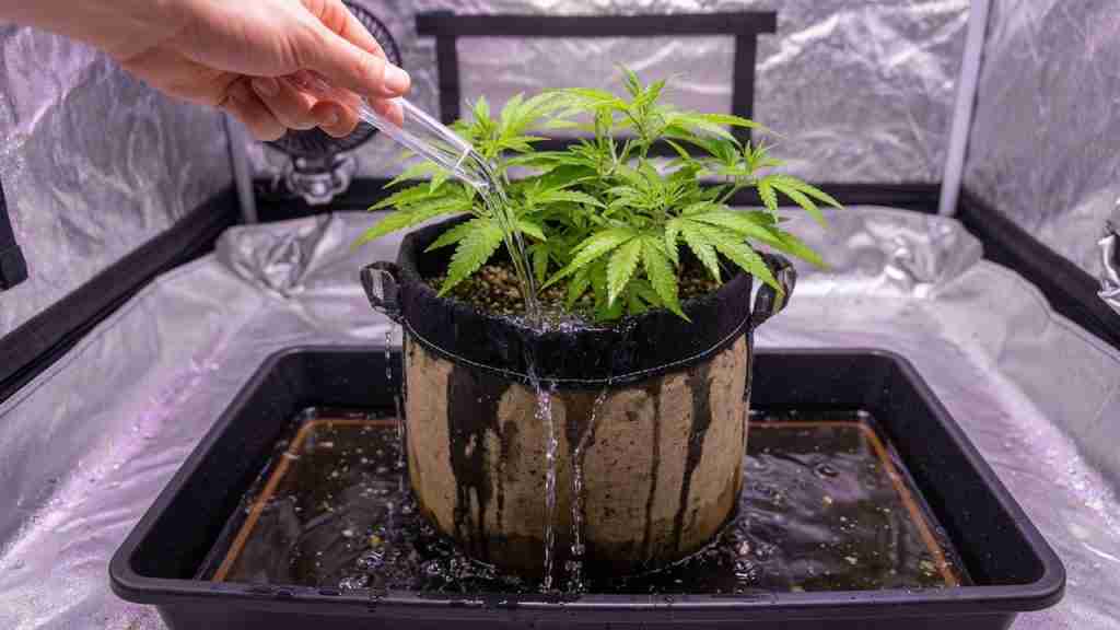Hand watering a vegetative cannabis plant in a fabric pot with runoff in the tray