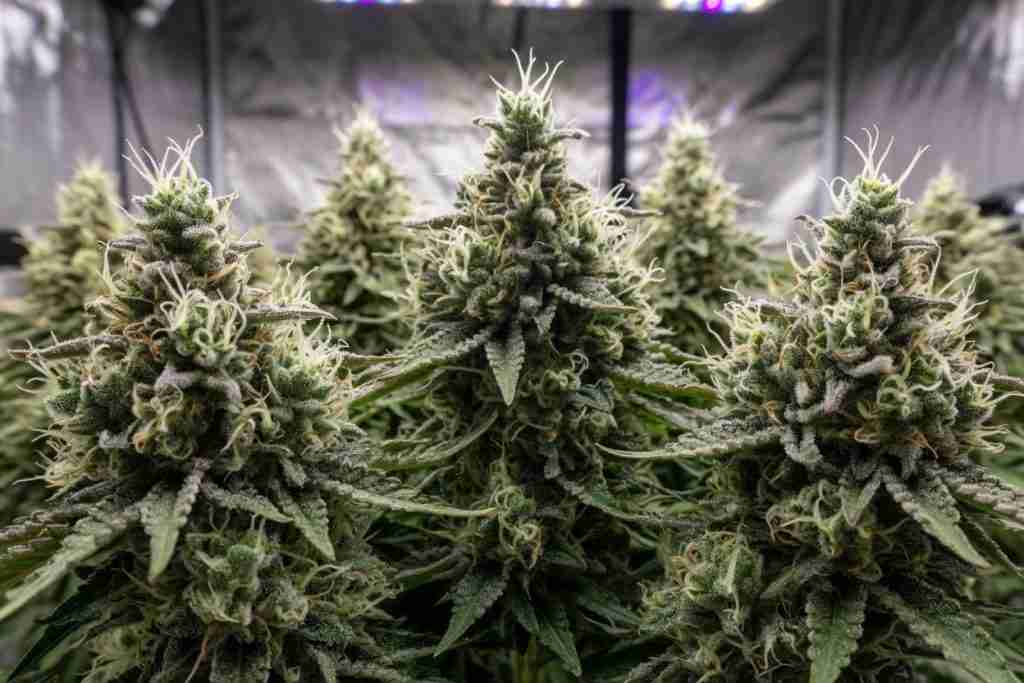 Dense flowering cannabis colas with pistils and trichomes that should not be sprayed