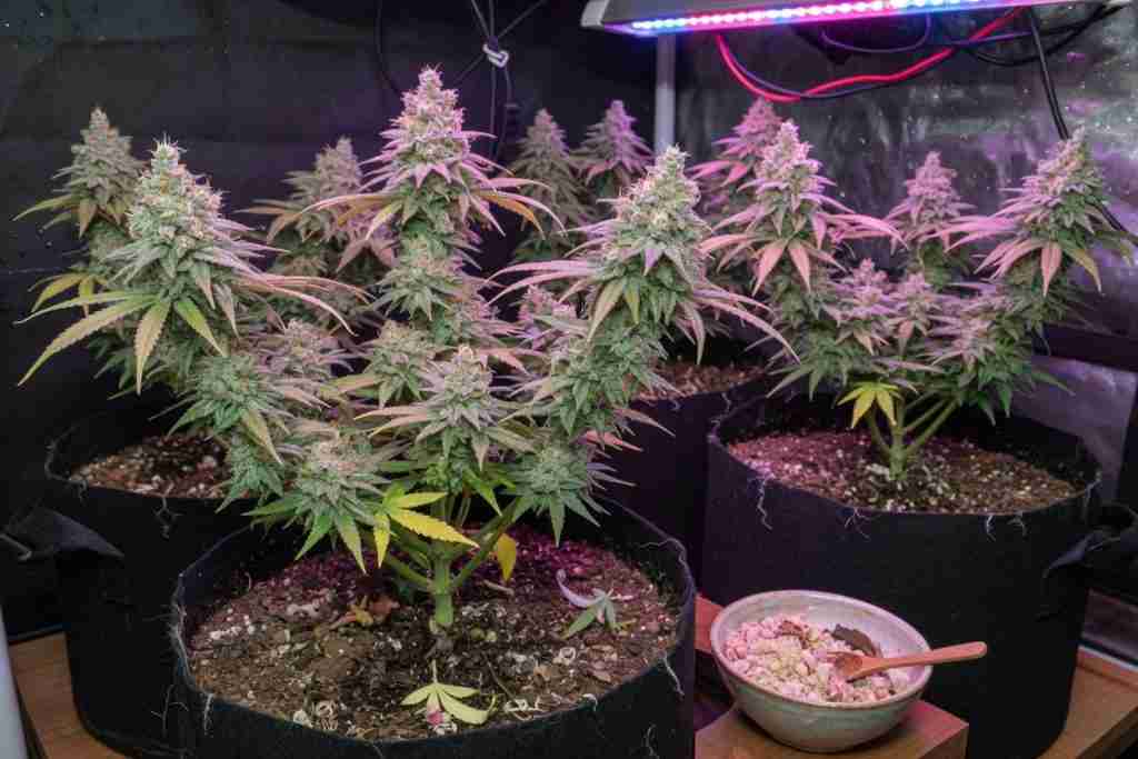 Flowering cannabis plants in living soil with a bowl of organic bloom amendments