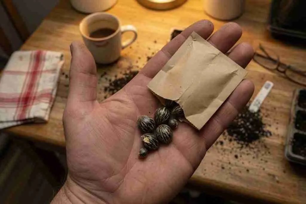 Hand holding a kraft packet with extra cannabis seeds spilling into the palm