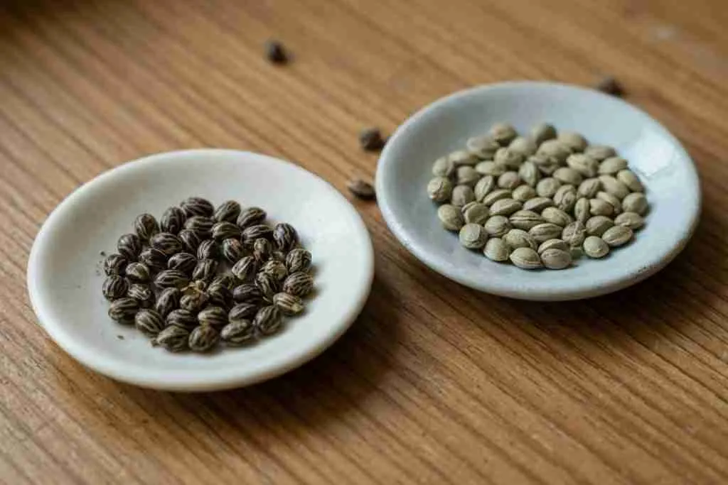 Dark mature tiger-stripe cannabis seeds beside paler older seeds