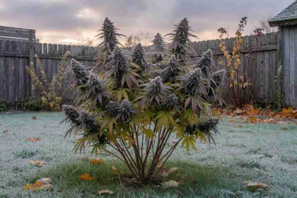 Finished outdoor cannabis plant on a frosty northern lawn