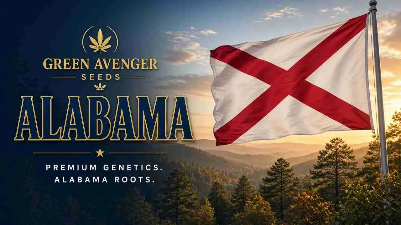 Buy cannabis seeds in Alabama — Green Avenger Seeds with official Alabama state flag