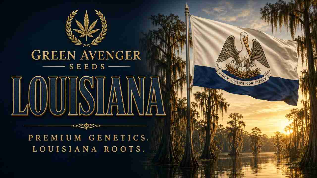 Buy cannabis seeds in Louisiana — Green Avenger Seeds with official Louisiana state flag