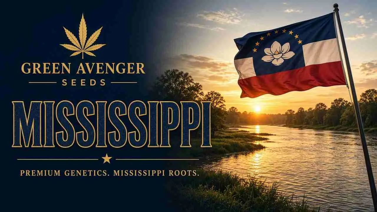 Buy cannabis seeds in Mississippi — Green Avenger Seeds with official Mississippi state flag