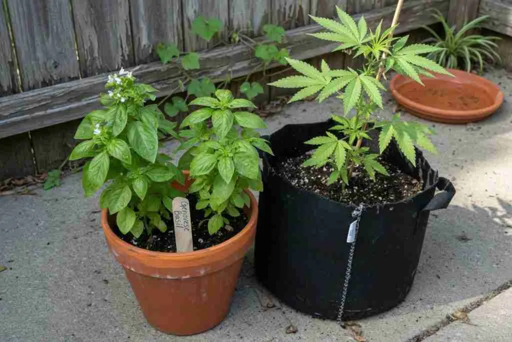 Genovese basil in a terracotta pot next to a young cannabis plant in a fabric pot