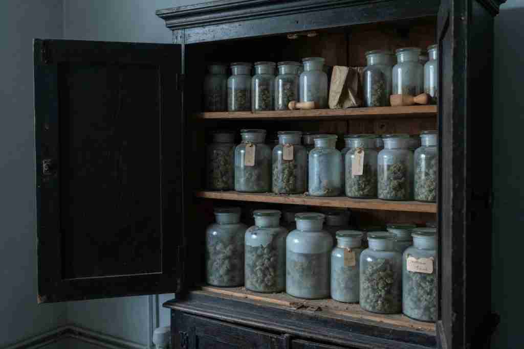 Dark wooden cupboard filled with glass jars of cured cannabis flower stored away from light