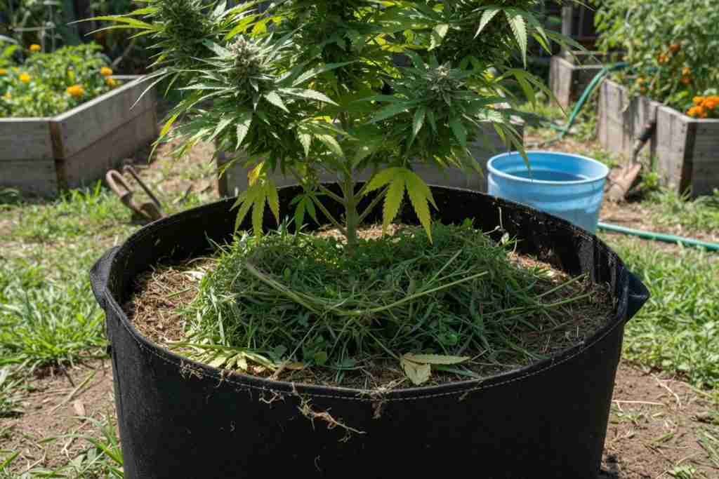 Grass clipping mulch around an outdoor cannabis plant in a fabric pot