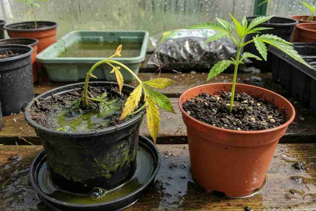Overwatered drooping cannabis seedling beside a healthy seedling in a draining pot