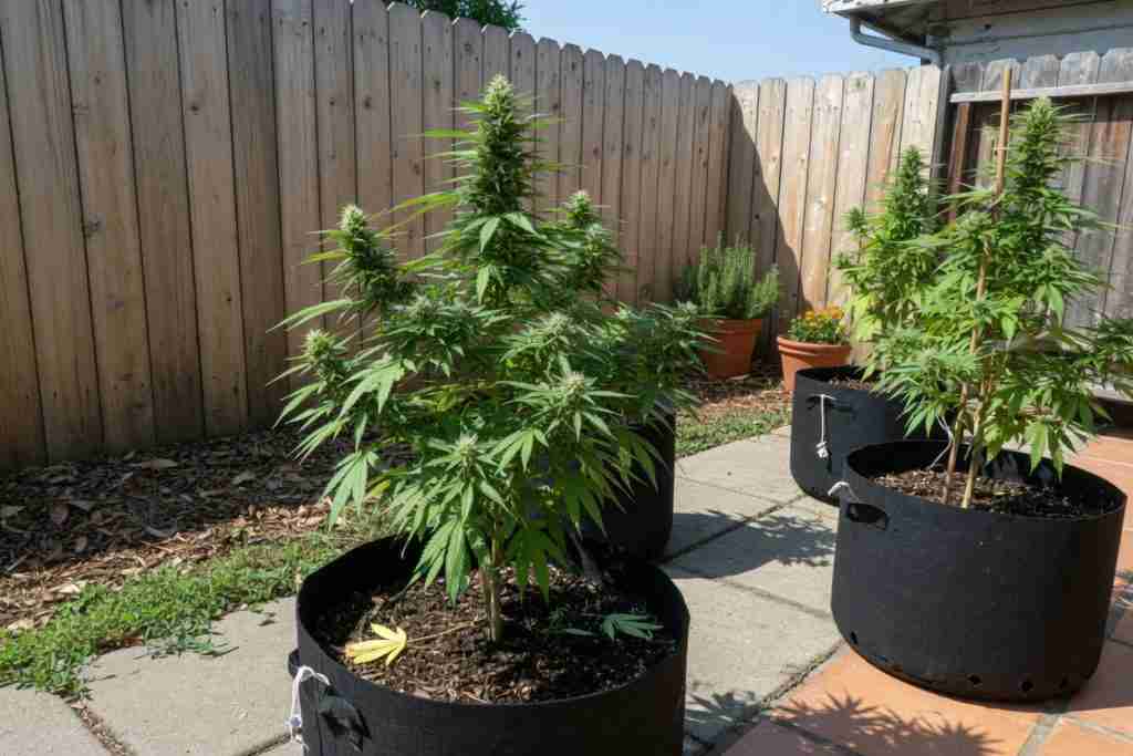 Cannabis plants growing in fabric pots in a sunny backyard garden