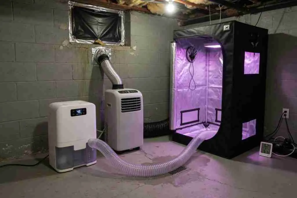 Dehumidifier and portable air conditioner next to a glowing indoor cannabis grow tent