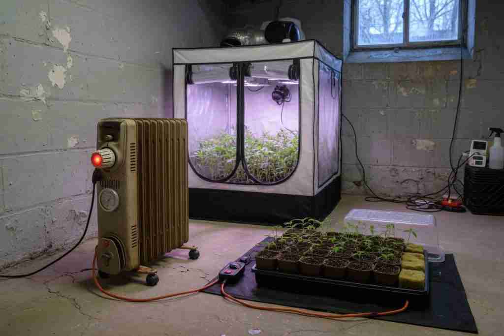 Oil radiator heater and seedling heat mat beside a cannabis grow tent in a cold basement