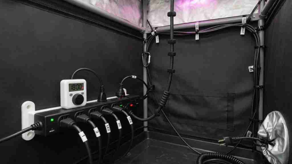 Grow tent power strip and timer with labeled cords for light and fans