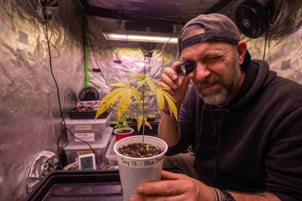 Grower in a tent inspecting a yellowing cannabis seedling with a loupe