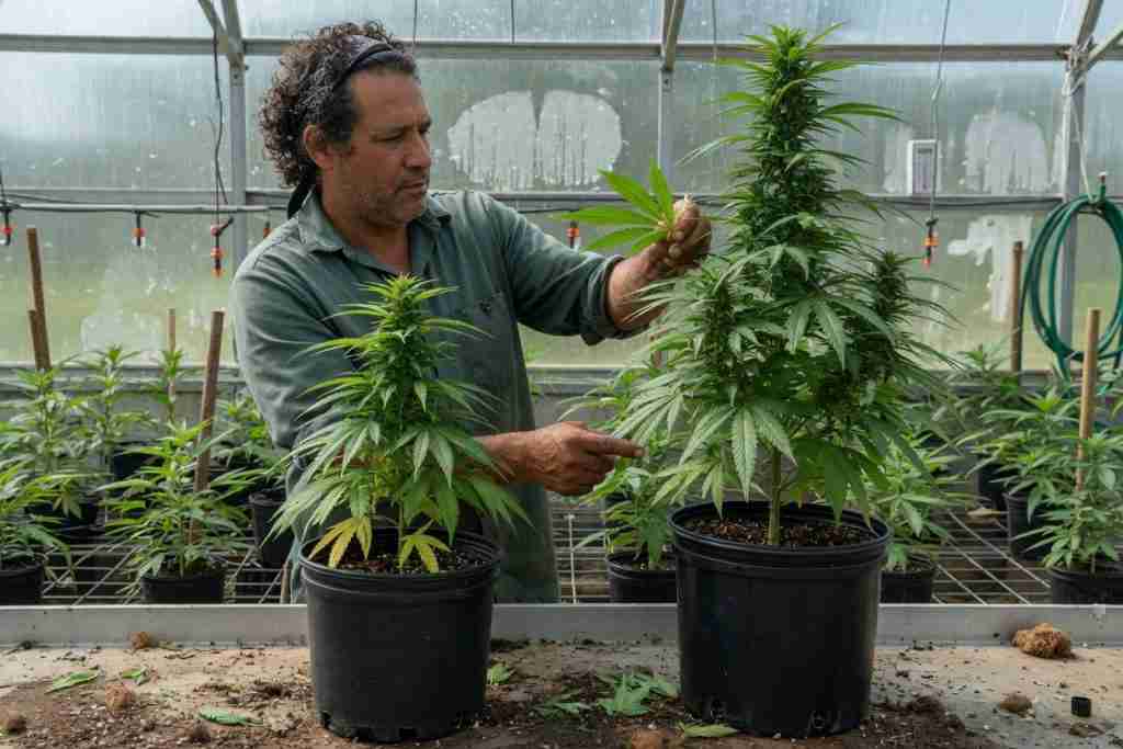 Grower comparing two cannabis plants of different heights