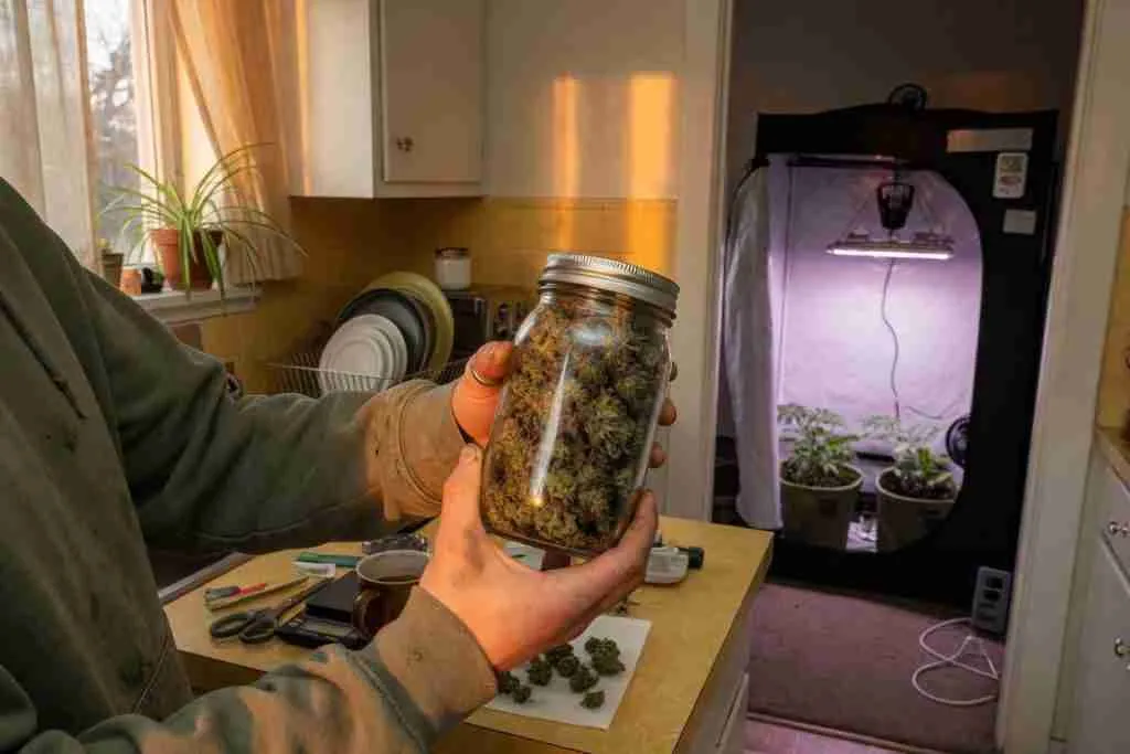 Grower holding a mason jar of cured cannabis buds with a small tent in the next room