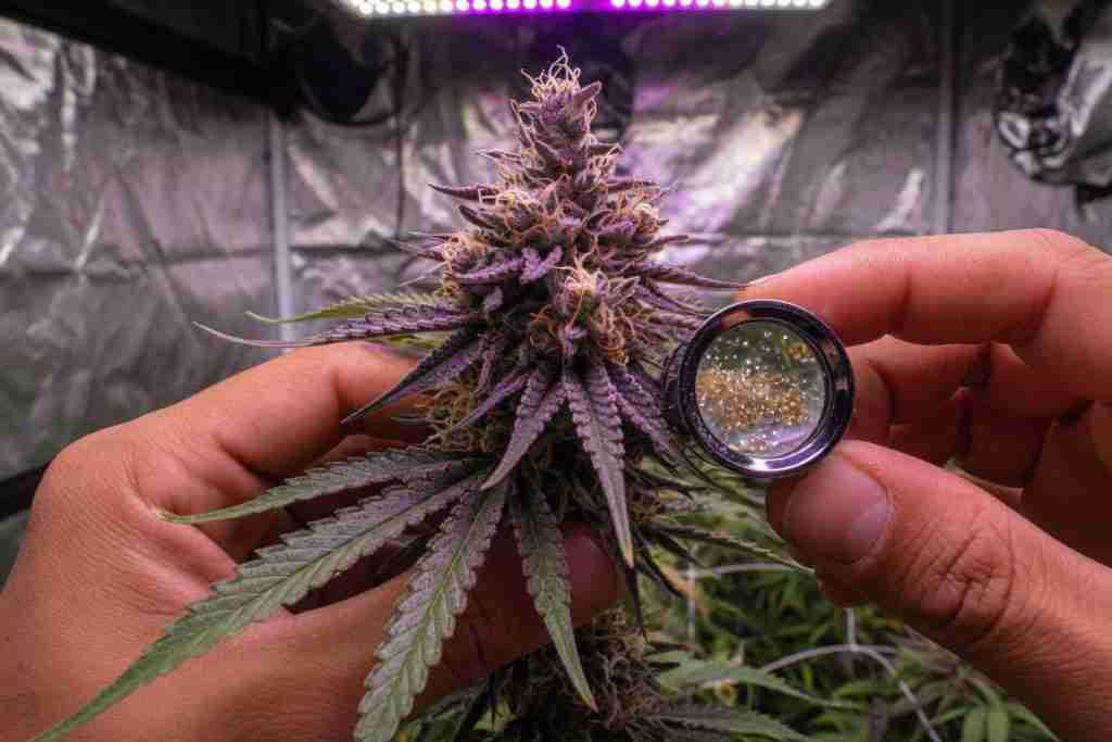 Grower inspecting a flowering cannabis cola with a jeweler loupe