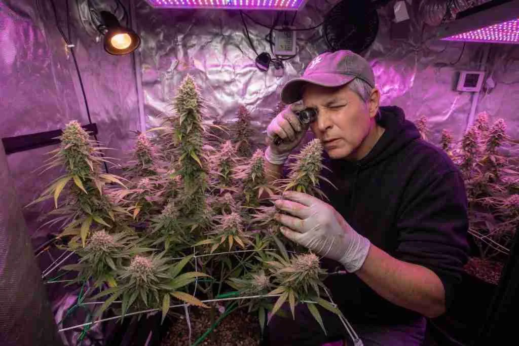 Grower inspecting a flowering photoperiod cannabis plant
