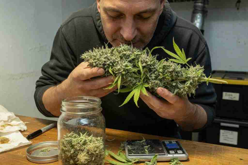 Grower smelling a harvested cannabis cola at a work table
