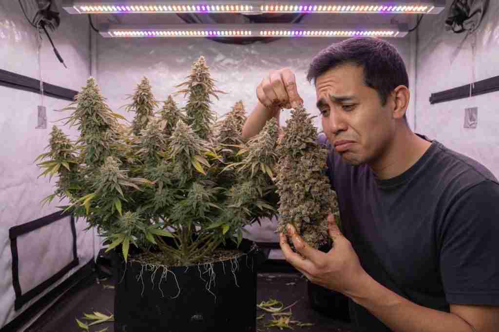 Grower in a tent holding a ripe cannabis cola and sniffing it with a puzzled look