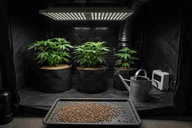 Indoor tent with lights, fabric pots, and a seed tray