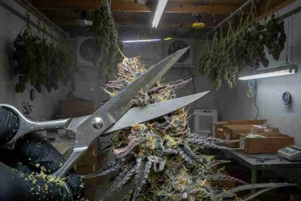 Gloved hand with harvest scissors cutting a frosty ripe cannabis cola