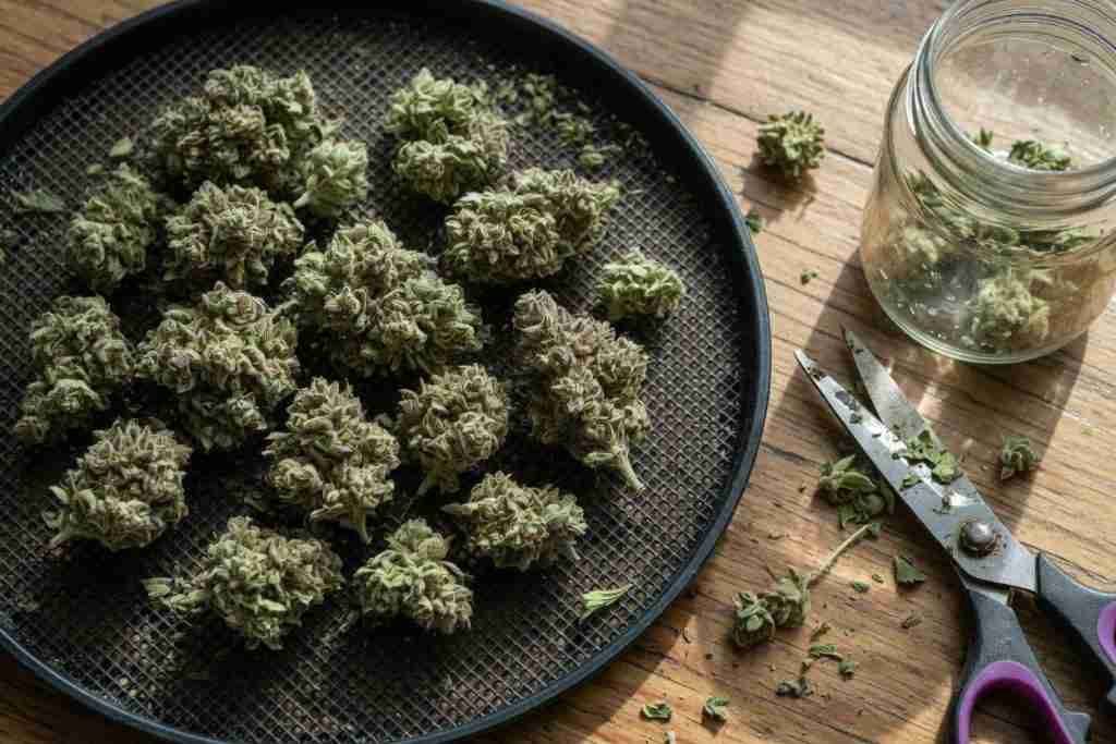 Trimmed cannabis buds drying on a mesh tray after harvest