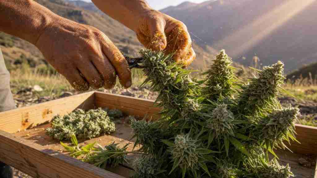 Grower hands harvesting resinous mountain cannabis buds into a wooden tray