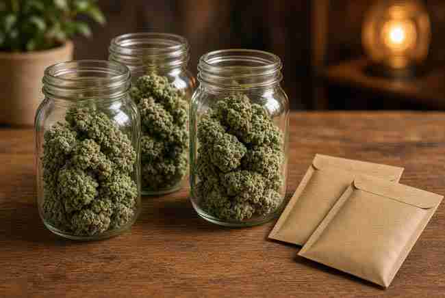 Cured flower jars beside empty seed envelopes