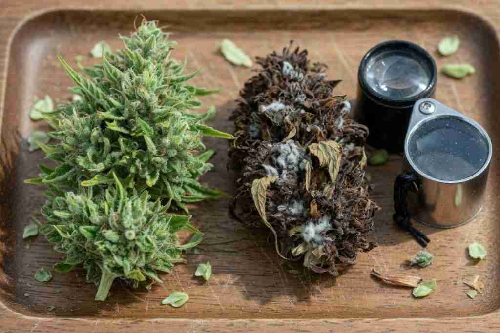 Healthy cannabis bud next to a moldy rotting bud on a trim tray with a loupe