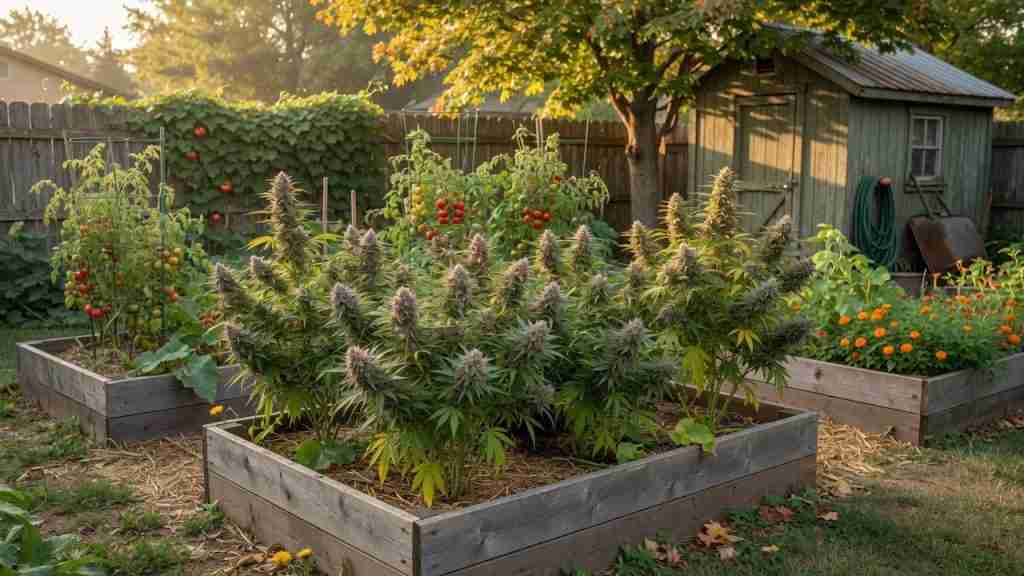 Heirloom cannabis plants flowering in a temperate backyard raised bed beside tomatoes