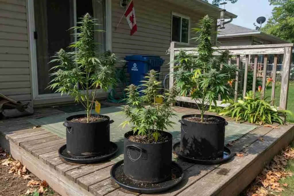 Home cannabis plants in fabric pots on a Canadian backyard deck