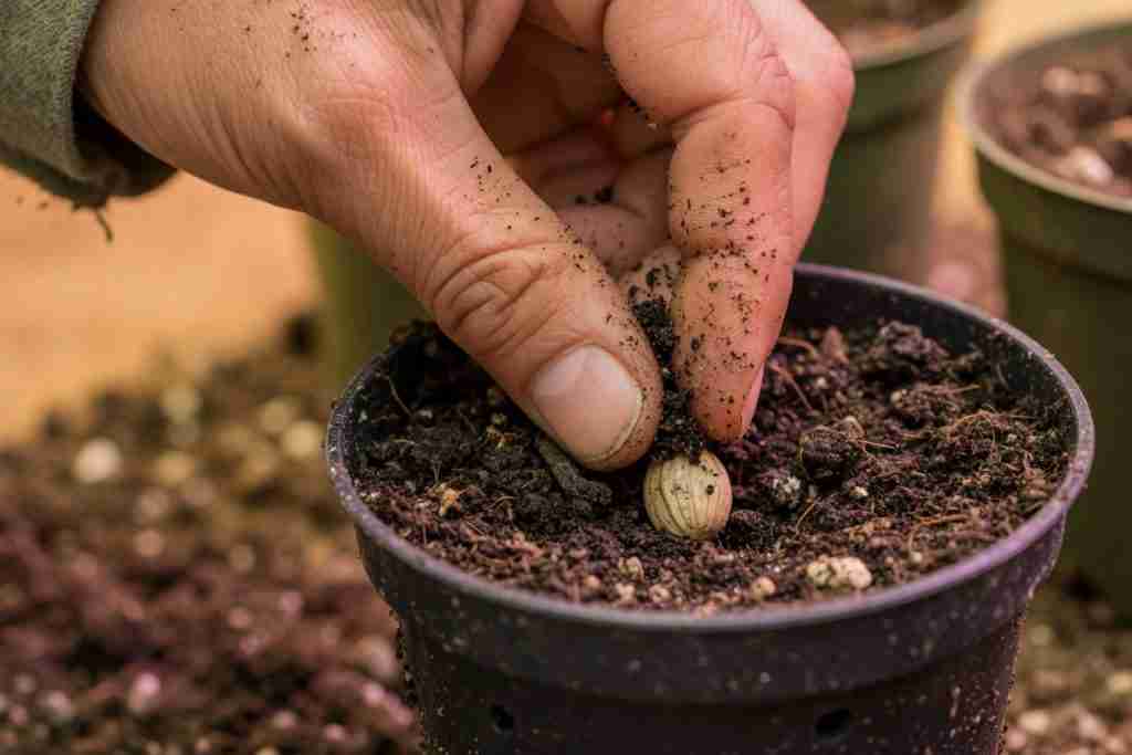 Hand planting a cannabis seed in a small pot of moist soil