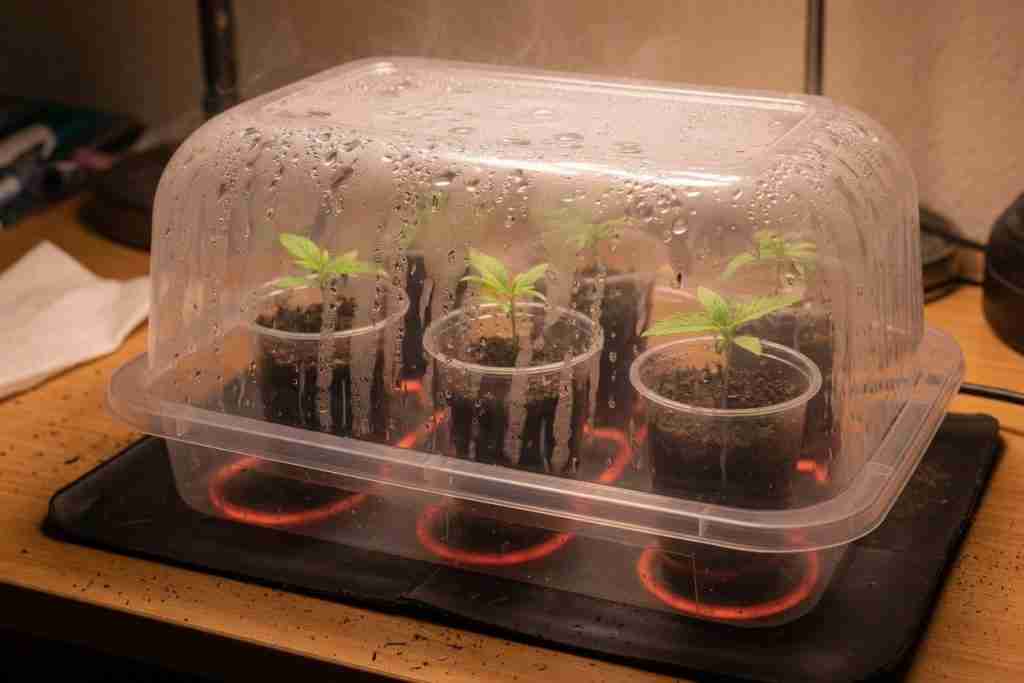 Humidity dome over cannabis seedling cups on a warm tray