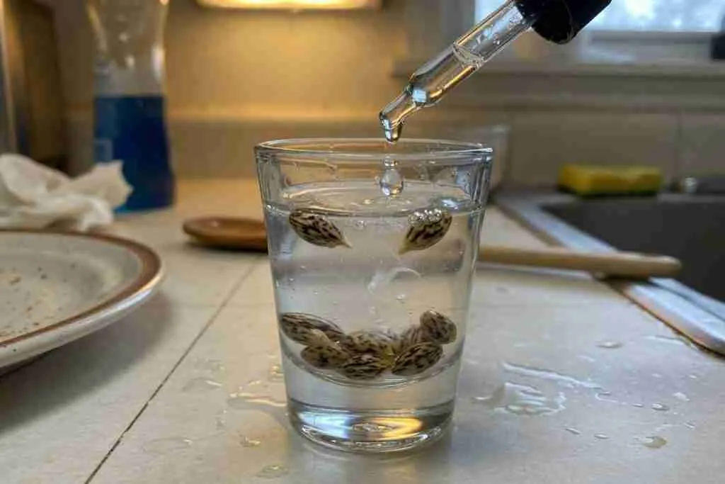 Cannabis seeds soaking while a dropper adds hydrogen peroxide to the water