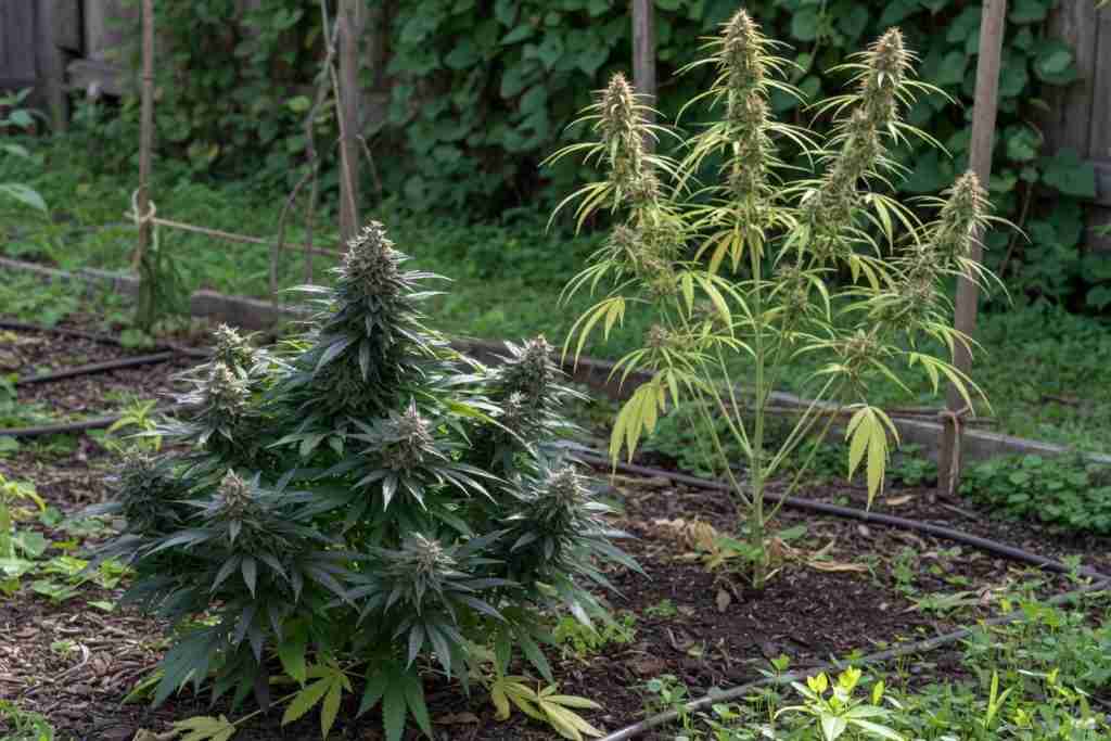 Short bushy indica cannabis plant beside a taller sativa-leaning plant in an outdoor garden bed