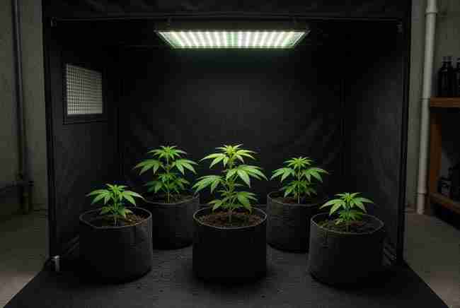 Young plants in fabric pots under a tent light