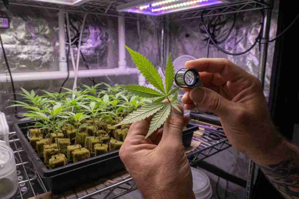 Grower inspecting a cannabis clone leaf with a loupe for pests