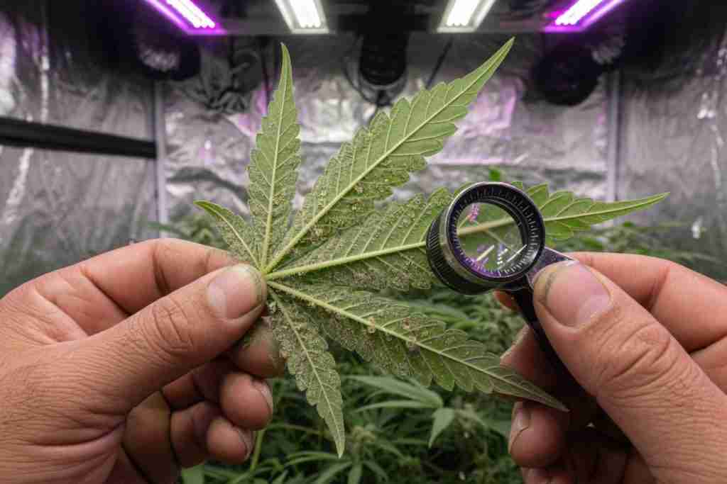 Grower inspecting the underside of a cannabis leaf with a jeweler loupe for spider mites