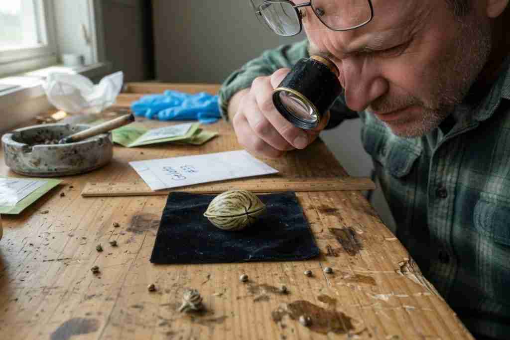 Grower inspecting a cannabis seed with a jeweler loupe