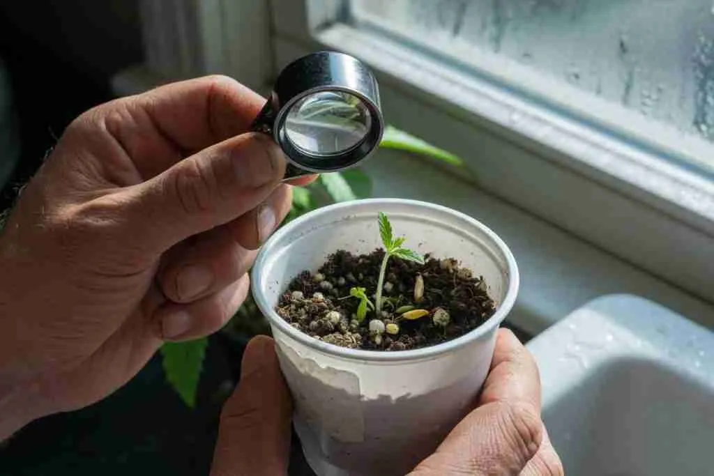 Grower inspecting a cannabis seedling in a nursery cup with a jeweler loupe